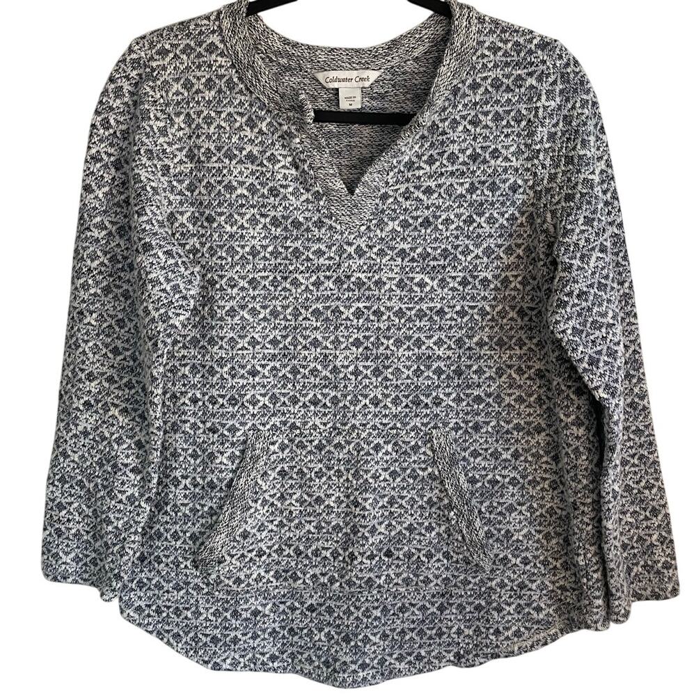 Coldwater Creek Knit Sweater Sz M Pocket Blue White V-Neck 3/4 Sleeve Casual